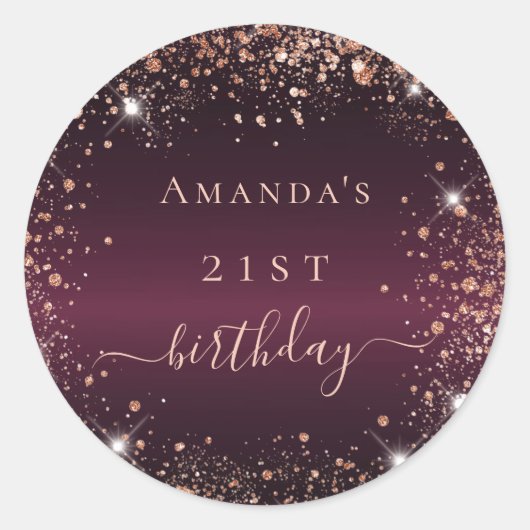 Birthday burgundy glitter-stofnaamscript ronde sticker (Voorkant)