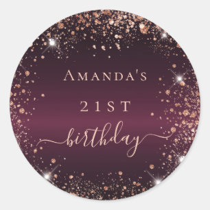 Birthday burgundy glitter-stofnaamscript ronde sticker