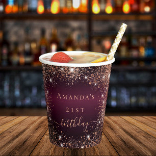 Birthday burgundy roos Gold Name script Papieren Bekers