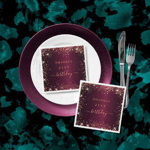 Birthday burgundy roos Gold Name script Servet