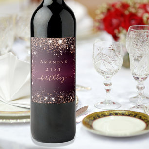 Birthday burgundy roos Gold Name script Wijn Etiket