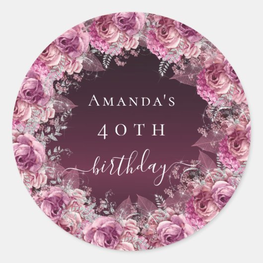 Birthday burgundy roze floral name script ronde sticker (Voorkant)