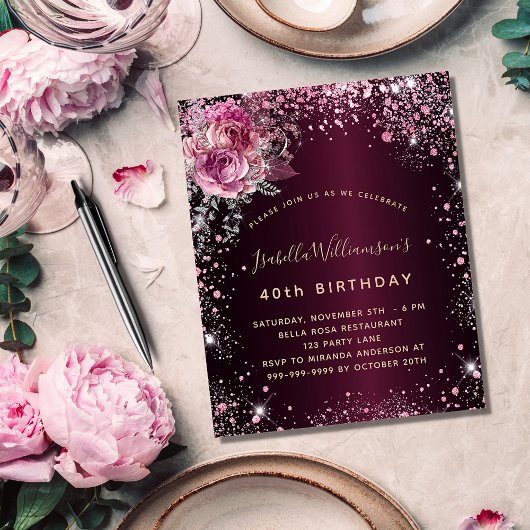 Birthday burgundy roze florals budgetuitnodiging flyer