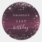 Birthday burgundy roze glitter stofnaamscript ronde sticker (Voorkant)