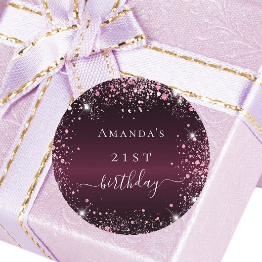 Birthday burgundy roze glitter stofnaamscript ronde sticker
