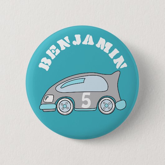 Birthday Button Cute Blue Race Car met naam (Voorkant)