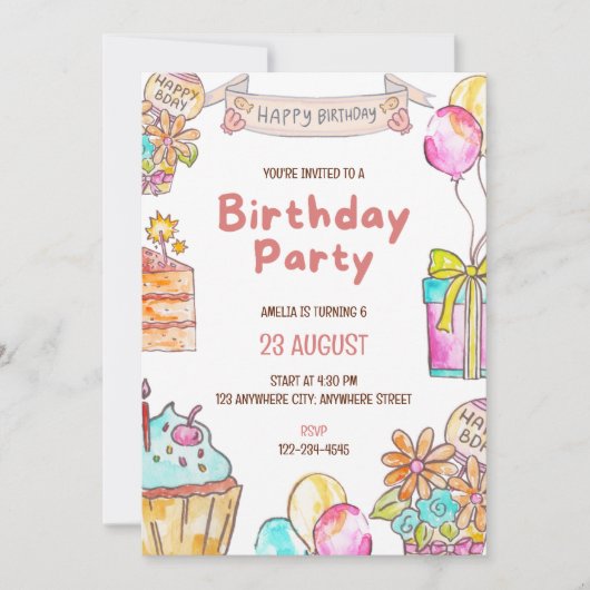 Birthday Cake Kids Party Invitation (Devant)