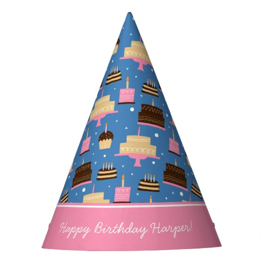 Birthday Cake Pattern Custom Name + Greeting Feesthoedjes (Voorkant)