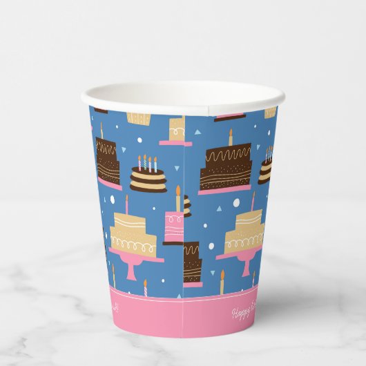 Birthday Cake Pattern Custom Name + Greeting Papieren Bekers (Rechts)