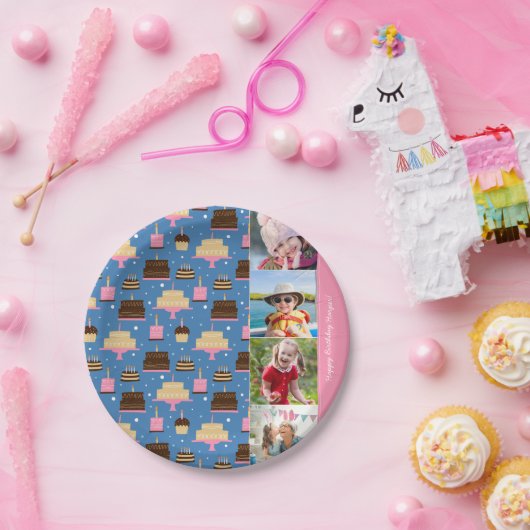 Birthday Cake Pattern Custom Name + Greeting Photo Papieren Bordje (Feest)