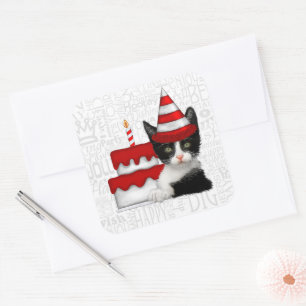 Birthday Cake with Black and White Kitten Vierkante Sticker
