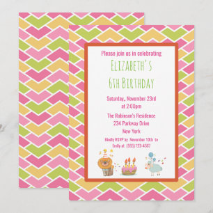 Birthday Cake with Party Lion and Sheep Invite Kaart