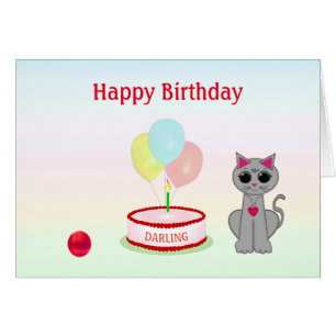 Birthday cat, cake & balloons on pastel color Card