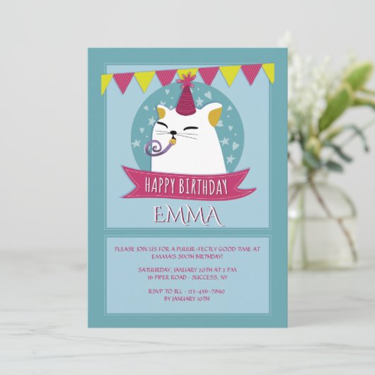 Birthday Cat Invitation Kaart (Staand voorkant)