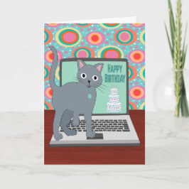 Birthday Cat Typing on Laptop Kaart