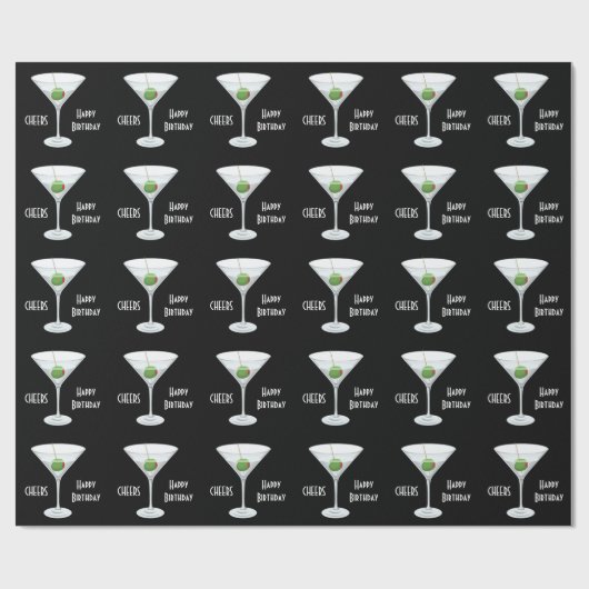 Birthday Cheers Martini Glass Olive Cocktail Black Cadeaupapier (Vlak)