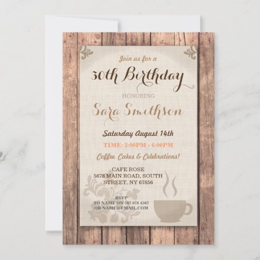 Birthday Coffee Friends Party Rustic Cafe Wood Kaart (Voorkant)