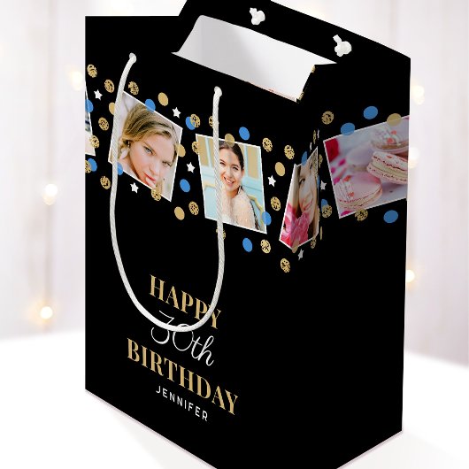 Birthday Confetti Aangepaste naam Foto Collage Blu Medium Cadeauzakje