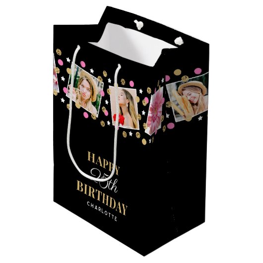 Birthday Confetti Aangepaste naam Foto Collage Pin Medium Cadeauzakje (Voorkant Gekanteld)