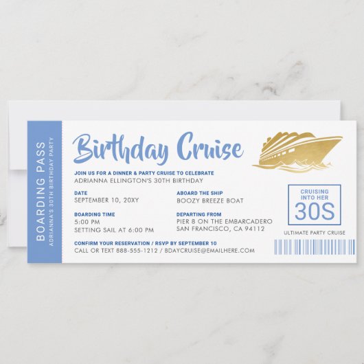 Birthday Cruise Boarding Pass Invite Blue Gold (Voorkant)