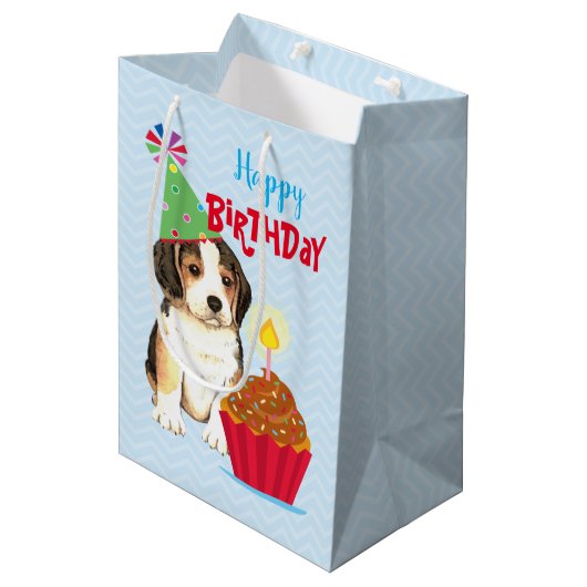 Birthday Cupcake Beagle Medium Cadeauzakje (Voorkant Gekanteld)