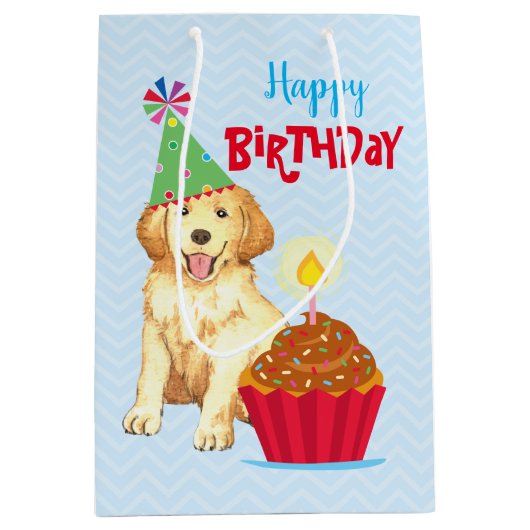 Birthday Cupcake Golden Retriever Medium Cadeauzakje (Voorkant)