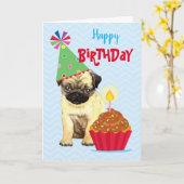 Birthday Cupcake Pug Kaart (Gele Bloem)