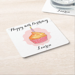 Birthday Cupcake roze gepersonaliseerd Vierkante Kartonnen Onderzetter
