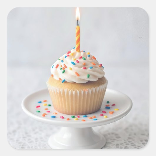 Birthday Cupcake with a Candle Vierkante Sticker (Voorkant)