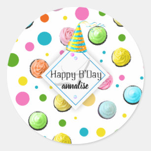 Birthday Cupcakes and Stippen Monogram Ronde Sticker