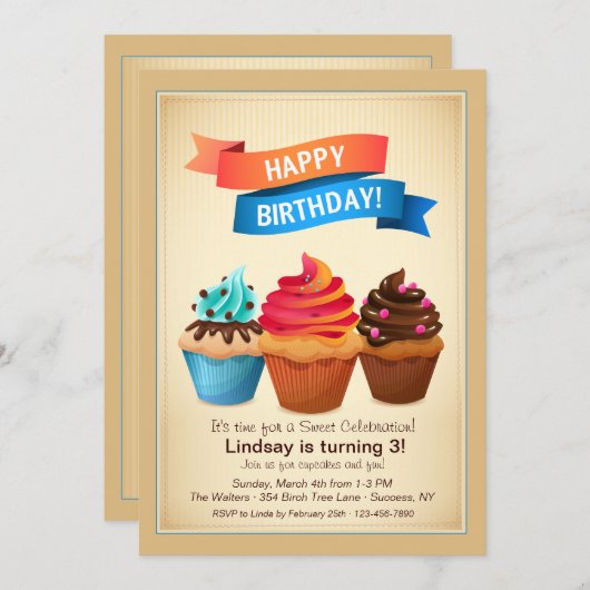 Birthday Cupcakes Invitation Kaart (Voorkant / Achterkant)