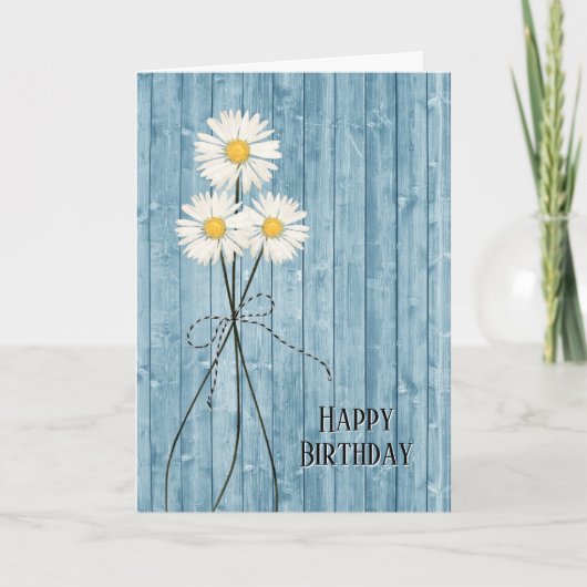 Birthday Daisies on Blue Wood Kaart (Voorkant)