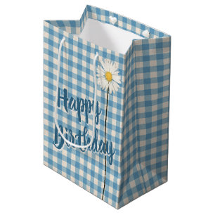 Birthday Daisy on Aqua Gingham Medium Gift Bag Cadeauzakje