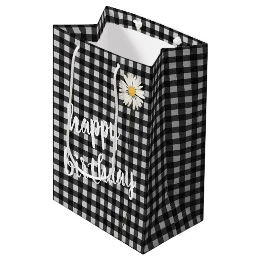 Birthday Daisy on Black and White Gingham Medium Cadeauzakje (Voorkant Gekanteld)