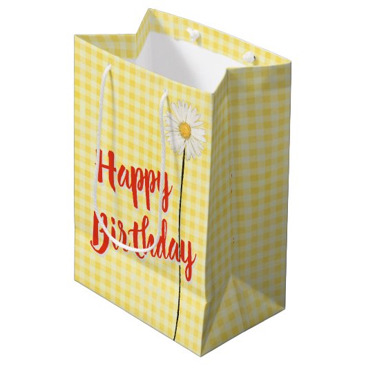 Birthday Daisy on Yellow Gingham Medium Cadeauzakje (Voorkant Gekanteld)