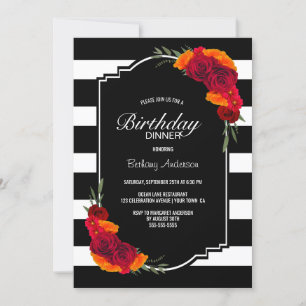 Birthday Dinner Black White Striped Floral Kaart