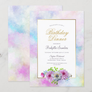 Birthday Dinner Party Blue Pink Floral Pastel Kaart