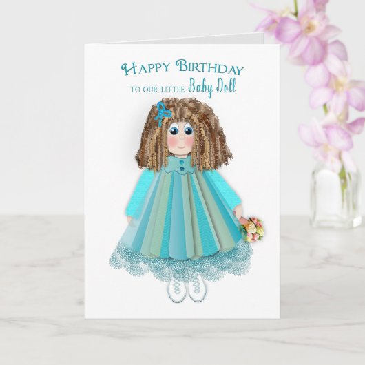 Birthday, dochter, Baby Doll Curly Hair en Dress Kaart (Orchidee)