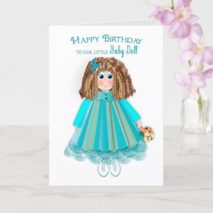Birthday, dochter, Baby Doll Curly Hair en Dress Kaart