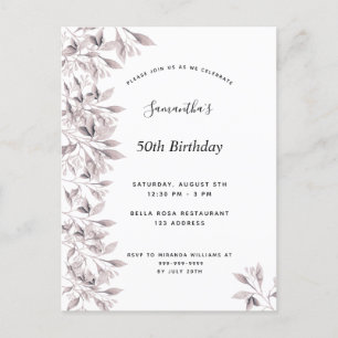 Birthday dusty roos white botanical floral modern uitnodiging briefkaart