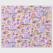 Birthday Elephant Ballons Hearts Naam toevoegen Sc Cadeaupapier (Vlak)