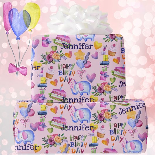 Birthday Elephant Ballons Hearts Naam toevoegen Sc Cadeaupapier