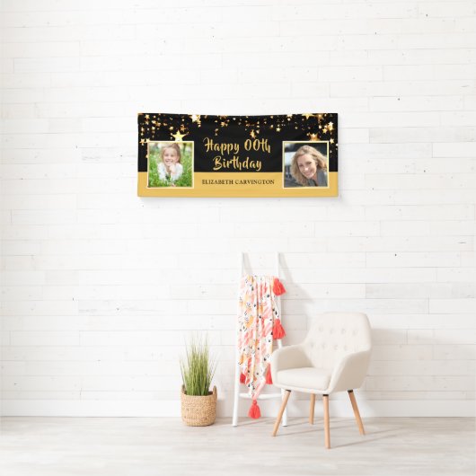 Birthday | Elk jaar | Zwart & bewerkbare gouden fo Spandoek (Insitu)