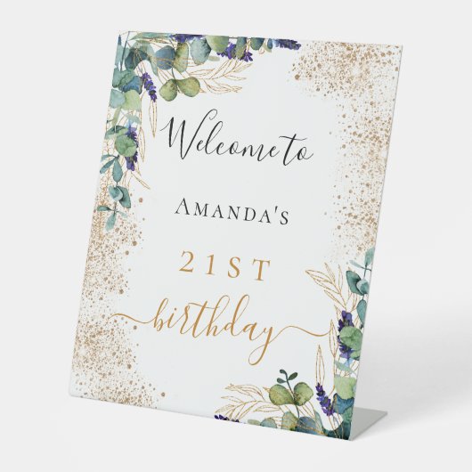 Birthday eucalyptus greenery elegant welkom reclamebord met voetstuk (Voorkant)