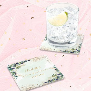 Birthday eucalyptus greenery glitter monogram vierkante kartonnen onderzetter