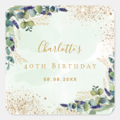 Birthday eucalyptus greenery glitter monogram vierkante sticker (Voorkant)