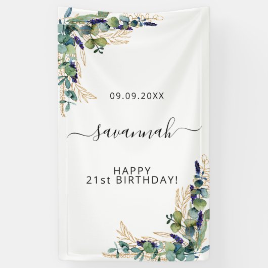 Birthday eucalyptus greenery Gold monogram Spandoek (Verticaal)
