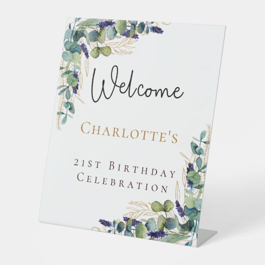 Birthday eucalyptus greenery welkomstscript reclamebord met voetstuk (Voorkant)