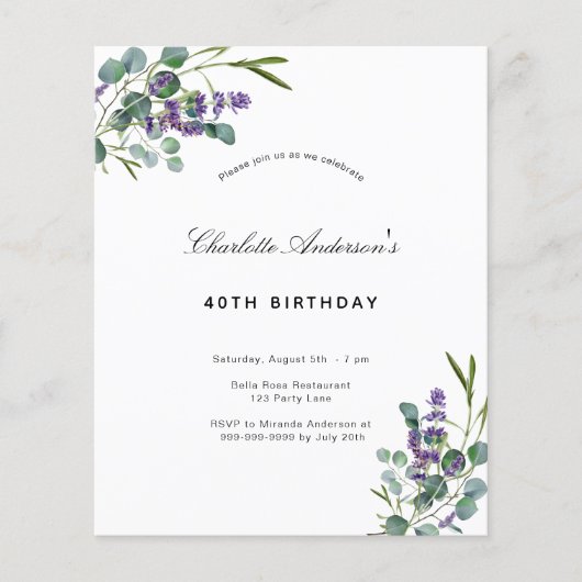 Birthday eucalyptus lavender budget uitnodiging flyer (Voorkant)