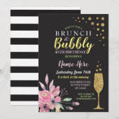 Birthday Floral Brunch & Bubble Pink Invite Kaart (Voorkant / Achterkant)